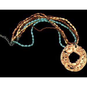 Vintage Tribal Style Brown And Blue Beaded Pendant Necklace